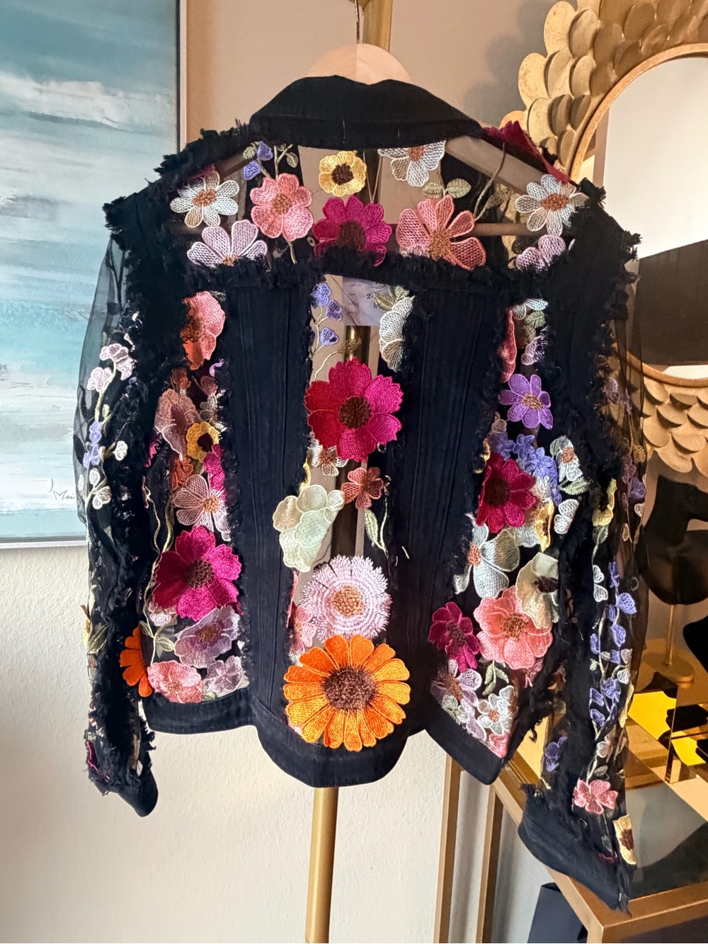 NWT Adore Large Black Floral Mesh Sleeve Denim Jacket Statement Piece NWT - Picture 7 of 13